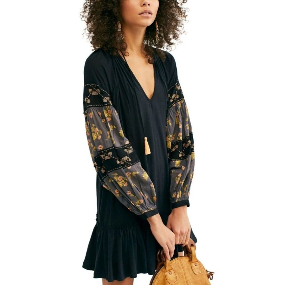Free People Mix It Up Black Tunic Dress‎ Large Boho Floral Balloon Sleeve - Picture 5 of 16